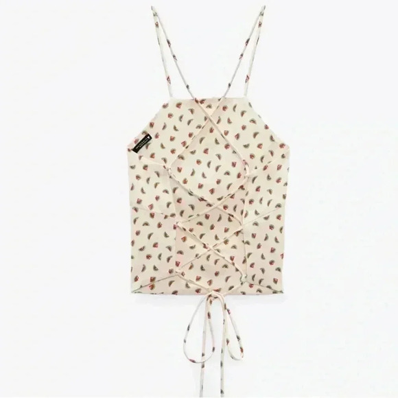 Zara Watermelon Print Satin Strappy Back Cropped Top Size S - Picture 3 of 7